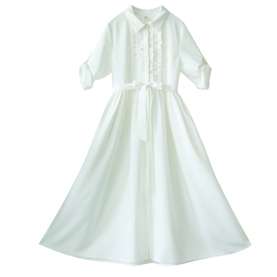 现货【一抹春天】春秋季衬衫领白色连衣裙女新款九分袖木耳边长裙