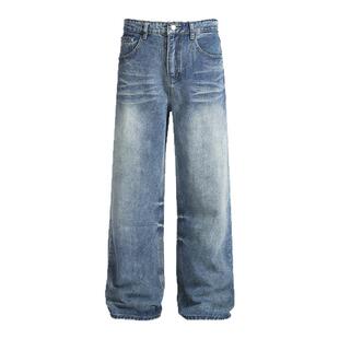 YORAINBOW 早春浅蓝色cleanfit猫须牛仔裤潮牌宽松男女复古直筒裤
