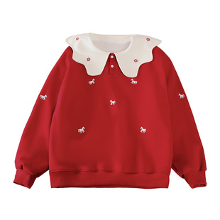 胖女童本命年卫衣儿童秋冬加肥加大宽松红色新年一体加绒喜庆上衣
