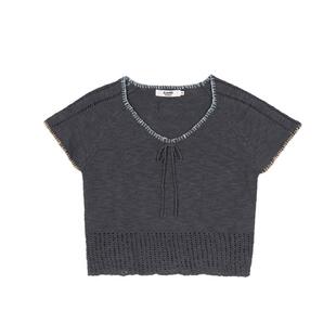 LLANO撞色边短袖针织上衣复古俏皮少女个性轻薄干爽毛衣女夏春季