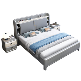北欧实木床1.8米灰储物简约现代轻奢1m5双人床主卧硬靠婚床