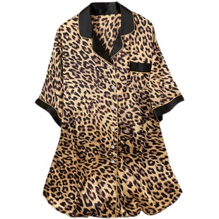 睡裙夏季女款2026新款豹纹睡衣薄款冰丝性感男友风大码丝绸衬衫裙