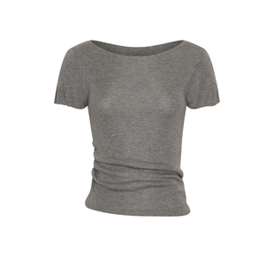 UR&DC2026春季新款简约气质一字领褶皱修身短款针织衫女短袖上衣