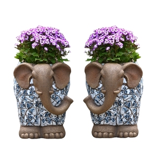 复古仿青花瓷大象花盆摆件创意户外园林动物雕塑庭院花园草坪装饰