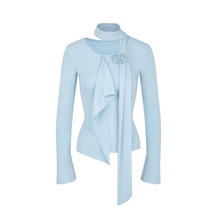 BLUEerror 不规则飘带领蓝色长袖打底衫女显瘦荷叶边修身t恤秋季