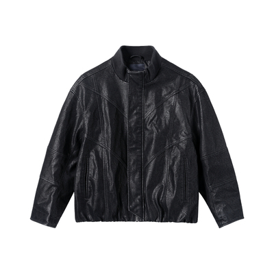 NYHSUGOO/南乙水洗pu皮立体结构分割设计款夹克15152男士春季