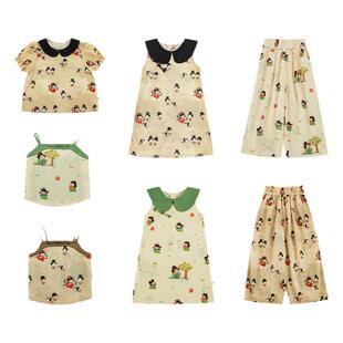 幼悠女童卡通印花系列2025夏季撞色翻领连衣裙宽阔直筒裤多件套潮