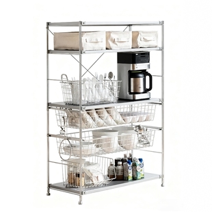 不锈钢日式置物架客厅储物架落地式书架厨房收纳架可调节防潮架子