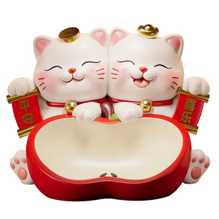 双招财猫入户门口钥匙收纳摆件可爱平安喜乐玄关新房家居乔迁礼物
