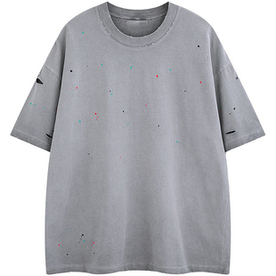 From Mars 夏日不散场 复古泼墨破洞设计夏季做旧宽松短袖T恤百搭