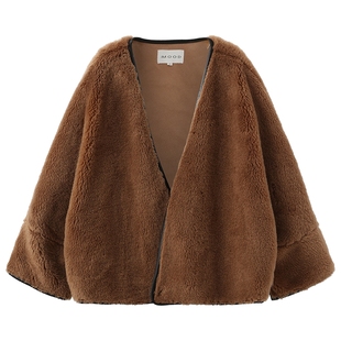 310MOOD冬季新款时髦宽松短款斗篷v领泰迪熊外套百搭保暖上衣外搭