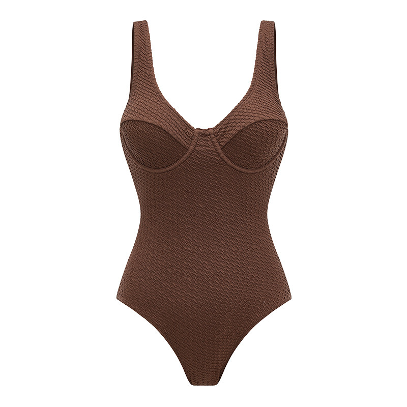 Yukari Swim2026新款连体泳衣女宽肩带深V承托高叉咖啡色显瘦泳装