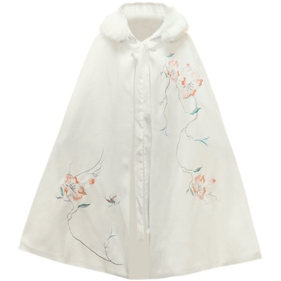 海棠原创毛呢斗篷汉服可拆卸毛领加绒加厚连帽秋冬红色女保暖白色