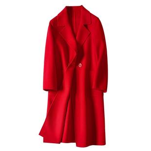 红色双面无羊绒大衣女妮子2025秋冬新中长款赫本风毛呢外套风衣