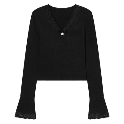 EPTISON针织打底衫女2025冬新款修身少女风V领蕾丝拼接轻熟短上衣