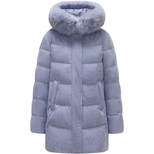 坦博尔奥莱正品冬季羽绒服女士连帽短款毛领印花休闲保暖外套冬