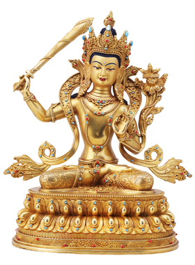 精品黄铜文殊地藏金刚萨埵释迦四臂双莲座佛像鎏金供奉摆件10寸