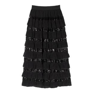 Maje Outlets春夏女装法式气质黑色亮片薄纱长款高腰半身裙蛋糕裙