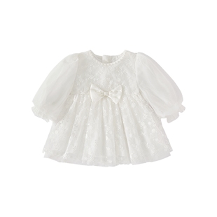 女童白色连衣裙女幼童长袖礼服裙婴儿裙子儿童法式纱裙宝宝公主裙