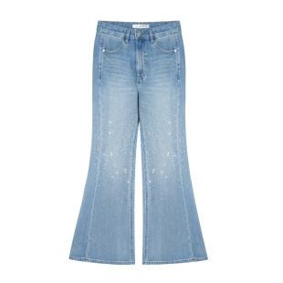 AsGony牛仔裤时尚水洗水钻装饰显瘦微喇长裤2026春季新款官方授权