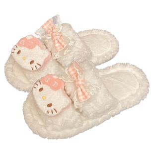 可爱卡通毛绒保暖居家蝴蝶结防滑毛绒居家女冬天秋kt室内棉拖鞋女