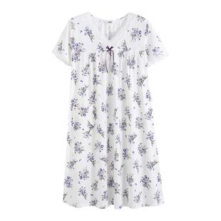 伊丝芬春夏新款棉+莫代尔针织面料印花V领蕾丝短袖女睡衣裙33027