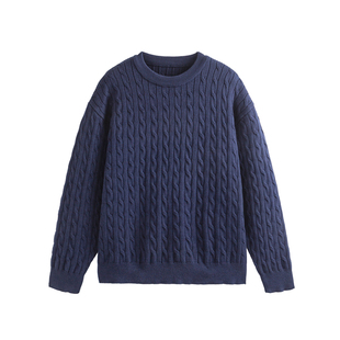 Point lamp日系复古麻花纹圆领套头毛衣男女秋冬休闲质感针织衫