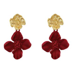 复古红色丝绒花朵耳环2025新款轻奢高级感独特漂亮圣诞耳坠耳饰女