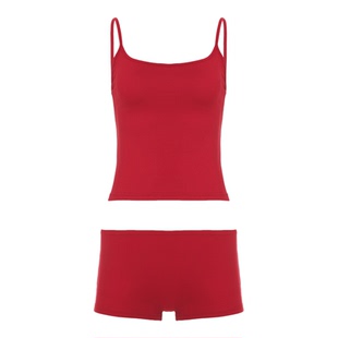 IAEY欧美INS运动风辣妹复古红色针织吊带背心二件套+居家低腰短裤