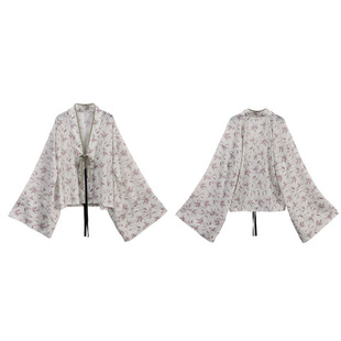 2026幂同款魏晋北朝新中式竹节印花汉服轻薄宽松褶衣长袖衬衫