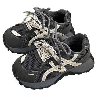 ins新款灰色加绒老爹鞋子女秋冬新款加厚保暖运动休闲鞋厚底女鞋