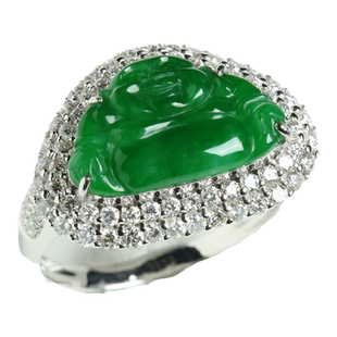 翠贵人缅甸天然翡翠A货辣阳绿弥勒佛戒指18k金带钻豪镶 女款戒指