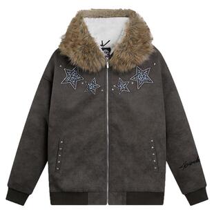 404MOB超厚加绒蜡染做旧烫钻豹纹刺绣厚外套座山雕大毛领棉衣夹克