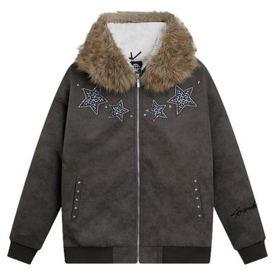 404MOB超厚加绒蜡染做旧烫钻豹纹刺绣厚外套座山雕大毛领棉衣夹克