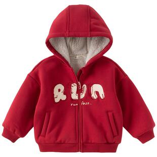 戴维贝拉儿童加绒外套男童红色卫衣夹克春款A类男宝宝拜年服童装