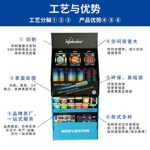 出口户外用品类瓦楞纸展架 斜面式多层货架吸引客户体验感受展架