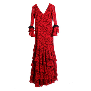 定做西班牙弗拉门戈练习演出服Flamengo热卖V领蕾丝连衣舞裙DTT60