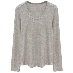 气质大u领莱赛尔天丝羊毛长袖t恤女春秋薄款轻薄松弛感打底衫上衣