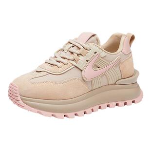 厚底真皮老爹鞋女款2026新款春季粉色百搭增高华夫休闲透气运动鞋