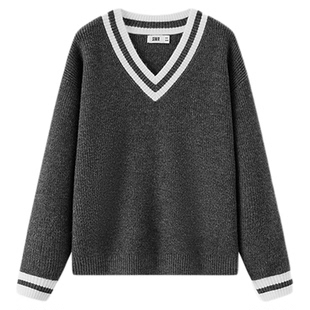 商场同款|森柔森马毛衣女冬撞色V领宽松2025新款叠穿简约文艺毛衫