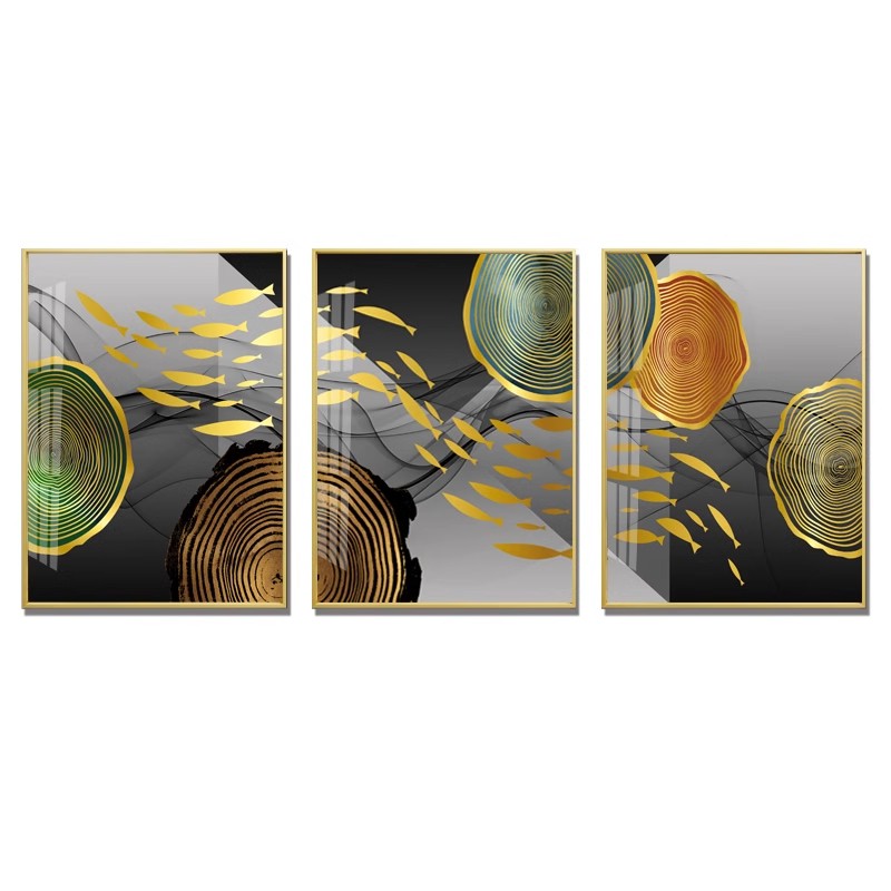 简约现代风鱼群三联客厅装饰画