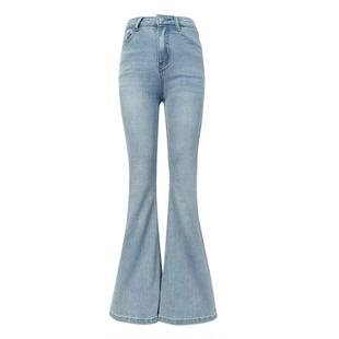 杨杨 浅蓝紧身微喇叭牛仔裤女春秋蜜桃分割线提臀显腿长弹力长裤