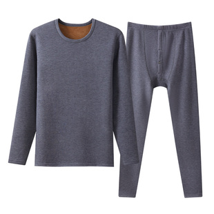 三枪保暖内衣男冬双层羊毛加绒加厚御寒弹力内搭圆领男款保暖套装