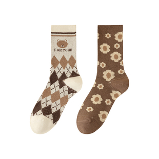 长袜子女款中筒秋冬纯棉全棉防臭2025超火爆款女士美拉德复古棕色