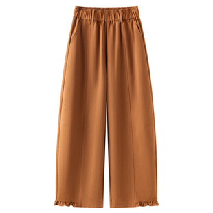 橘色木耳边弯刀裤子女2026新款春季高腰宽松阔腿休闲裤九分镰刀裤