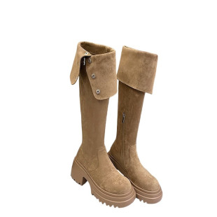 内增高过膝长筒靴女2025新款绒面高筒靴小个子靴子厚底卡其色长靴