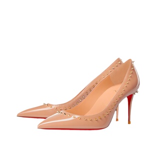 红底裸色高跟鞋铆钉尖头性感气质名媛小个子浅口细跟不累脚单鞋