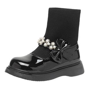 舞玛女童靴子儿童马丁靴2025新款秋冬季袜靴女孩加绒二棉真皮短靴