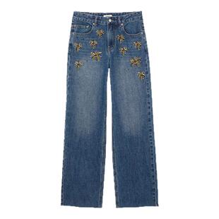 季末7折SANDRO2025秋冬新款女装法式蓝色立体仿钻花朵阔腿牛仔裤