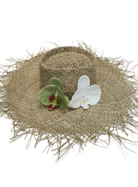 小众长毛边蝴蝶兰花朵镂空海草帽